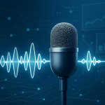 A microphone with a sound wave illustration in a tech-inspired blue background.