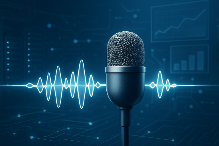 A microphone with a sound wave illustration in a tech-inspired blue background.
