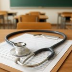 A stethoscope resting on a medical chart in a classroom setting