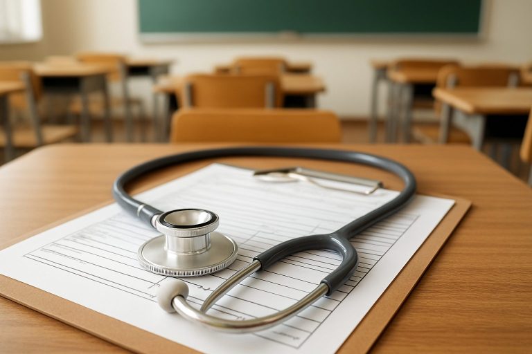 A stethoscope resting on a medical chart in a classroom setting