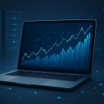 A laptop displaying a financial chart with a rising trend, surrounded by a tech background.