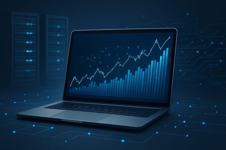A laptop displaying a financial chart with a rising trend, surrounded by a tech background.